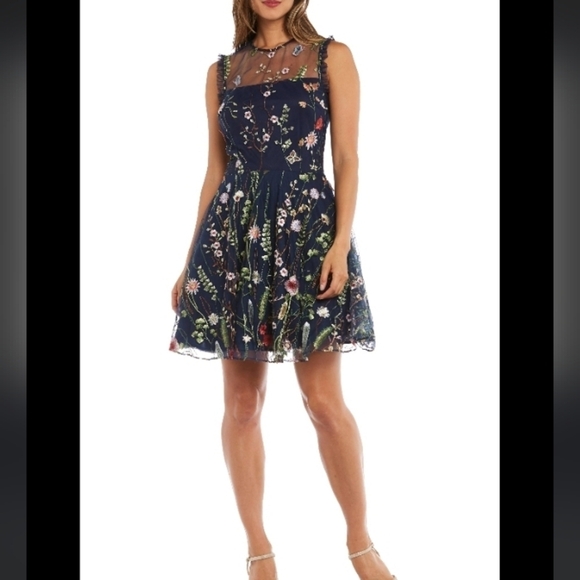 Morgan & Co. Dresses & Skirts - Morgan & Co Embroidered Floral Sheer Mesh Overlay Illusion Neckline Fairy Dress